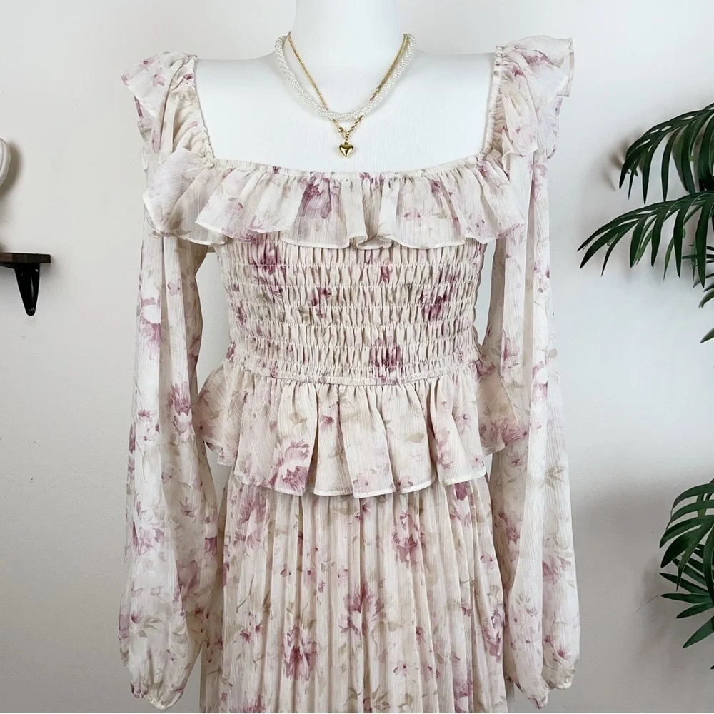 En Saison Kika Chiffon Blouse Top & Pleated Midi Skirt Set in Pink Floral Small